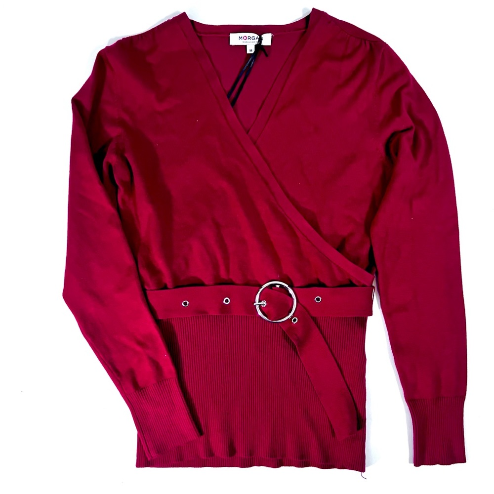NWT $66 Morgan De Toi Rubis Burgundy Thin Sweater w/Belt M